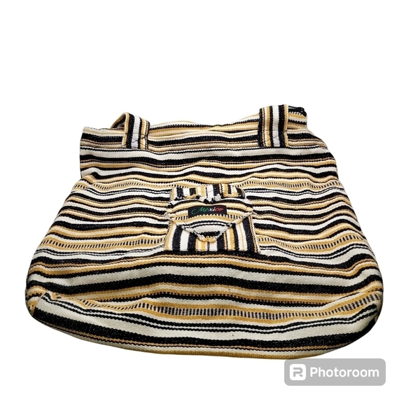 Mexico Embroidered Stripes Yellow Black White Tote 100% Cotton - Picture 4 of 11